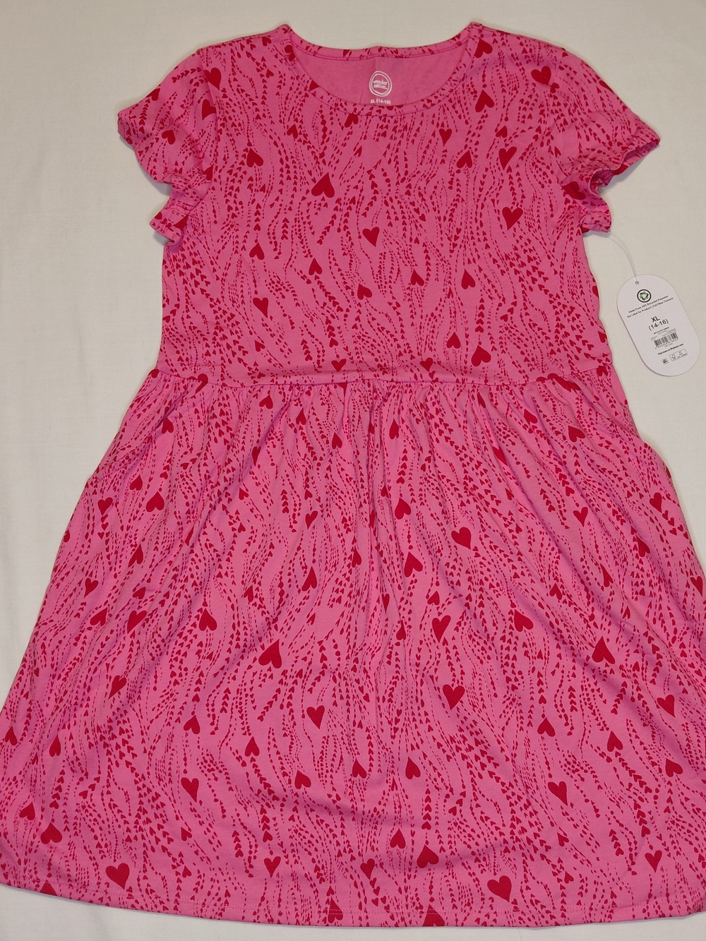 Girls Pink Heart Print, A-Line Dress with Pockets Size XL (14-16) Knee Length